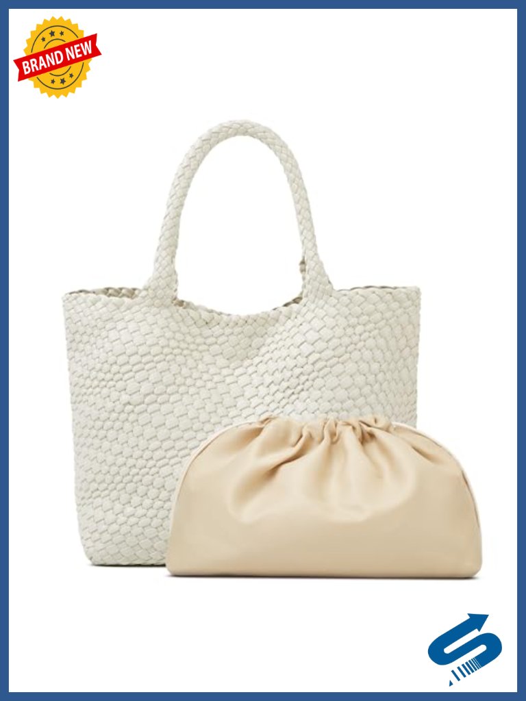 Woven Leather Tote Bag For Women, Top Handle Vegan Leather Handbag With Pouch